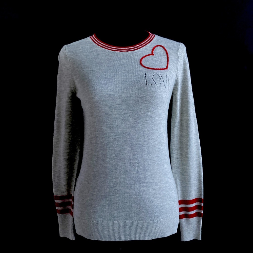 Ann Taylor LOFT Sweater XS Heather Gray Beige Red‎ Heart Stitch LOVE Pullover LN
